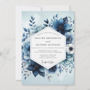 Invitation Mariage Fantaisie Botanique Bleu Profond