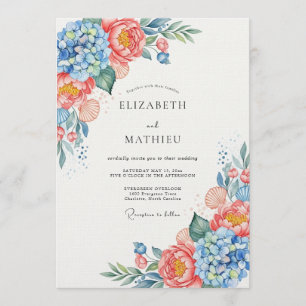 Invitation Mariage Fantaisie Fleurie Corail Bleu
