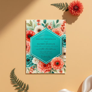 Invitation Mariage Fantaisie Florale Corail Sarcelle