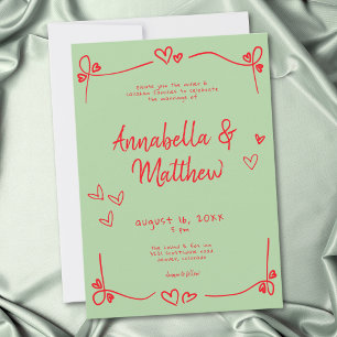 Invitation Mariage Fantaisiste à la Main Cœur Vert Rouge