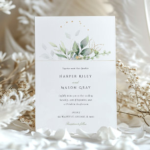 Invitation Mariage Fantaisiste Aquarelle Feuillage Vert et Or