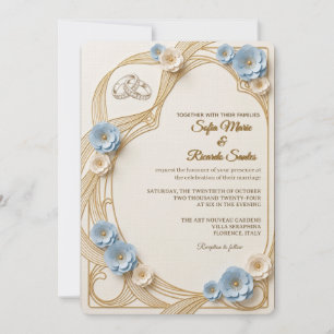 Invitation Mariage Fantaisiste Art Nouveau Pastel Bleu & Or I