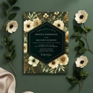 Invitation Mariage fantaisiste aux fleurs vert olive