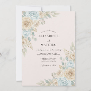 Invitation Mariage Fantaisiste Bleu Crème Fleurissant