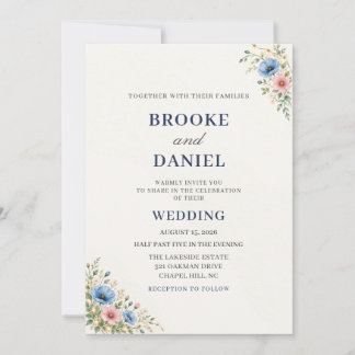 Invitation Mariage Fantaisiste Bleu Poppy Rose Cosmos