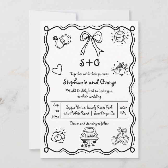 Invitation Mariage fantaisiste de gribouillage QR (Devant)