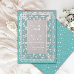 Invitation Mariage Fantaisiste Dentelle Sarcelle Vintage