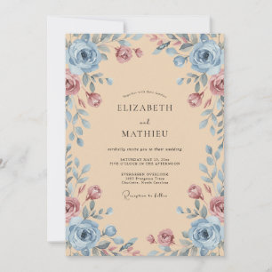 Invitation Mariage fantaisiste Rose Bleu Poussiéreux