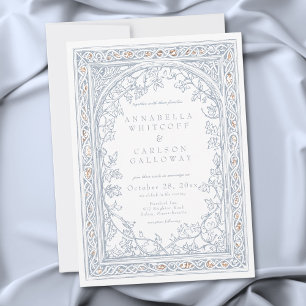 Invitation Mariage Fantastique Médiéval Gravure Bleu & Or