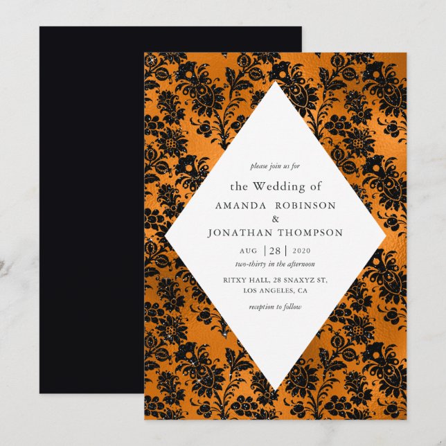 Invitation Mariage Faux Foil de Glam orange et noir (Devant / Derrière)