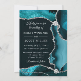 Invitation Mariage Faux Paillettes Agate Sarcelle et Argent