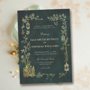 Invitation Mariage féerique en forêt, vert émeraude magique