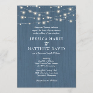 Invitation Mariage Ferme Rustique Lumières Féeriques Bleu Pou
