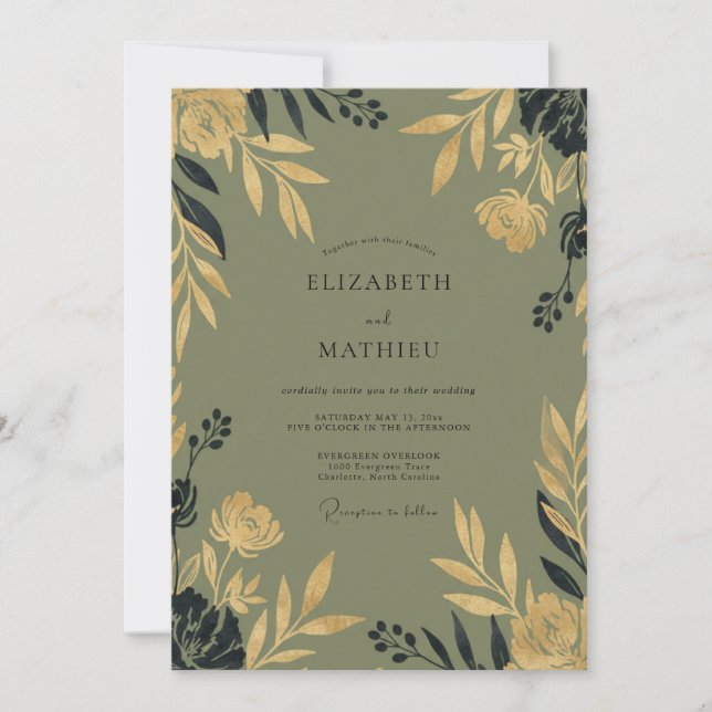 Invitation Mariage Feuillage Doré Mousse (Devant)