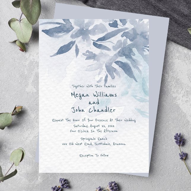 Invitation Mariage Feuille Aquarelle bleu doux (Soft Blue Watercolor Leaves Wedding Invitation)