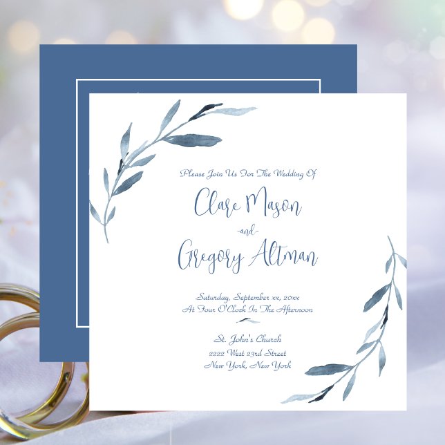 Invitation Mariage Feuille bleu et blanc (Blue Dawn, Watercolor Leaves Wedding Invitation)