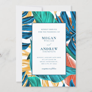 Invitation Mariage feuille bleu tropical jaune