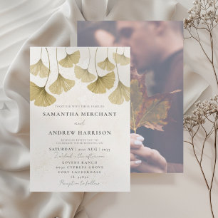 Invitation Mariage feuille de Ginkgo aquarelle or moderne