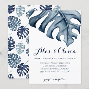 Invitation Mariage Feuille de Monstera d'aquarelle bleu
