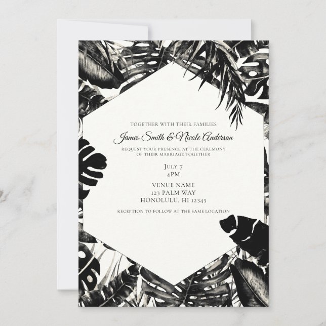 Invitation Mariage Feuille de Palme Tropicale Noir & Blanc (Devant)