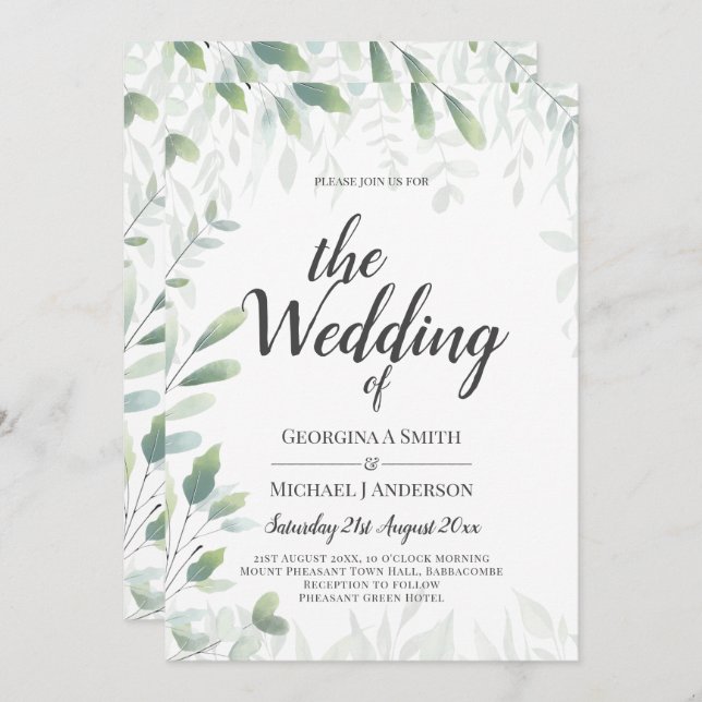 Invitation Mariage Feuille de verdure moderne QR Code RSVP (Devant / Derrière)