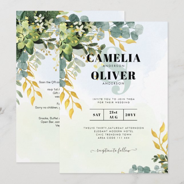 Invitation Mariage Feuille d'Eucalyptus or tout-en-1 (Devant / Derrière)
