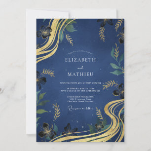 Invitation Mariage Feuille Dorée Indigo