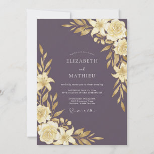 Invitation Mariage Feuille Dorée prune