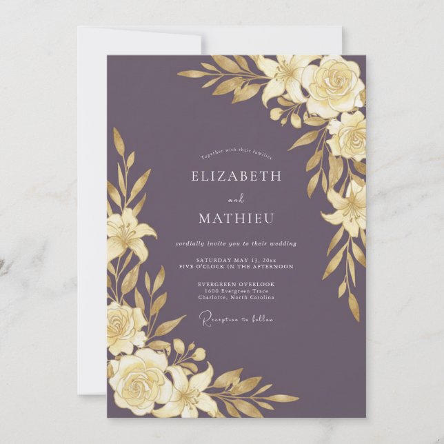 Invitation Mariage Feuille Dorée prune (Devant)