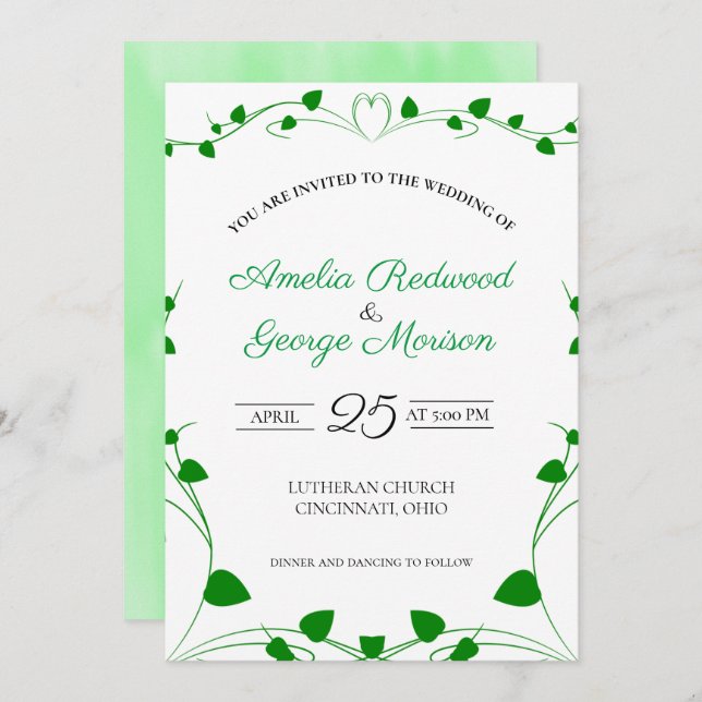 Invitation Mariage Feuille du printemps vert (Devant / Derrière)
