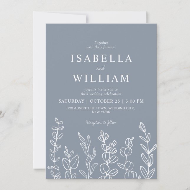 Invitation Mariage Feuille Dusty Blue Eucalyptus (Devant)