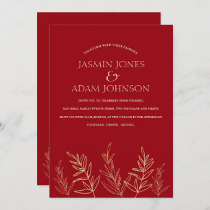 Invitation Mariage Feuille en or rouge Crimson simple