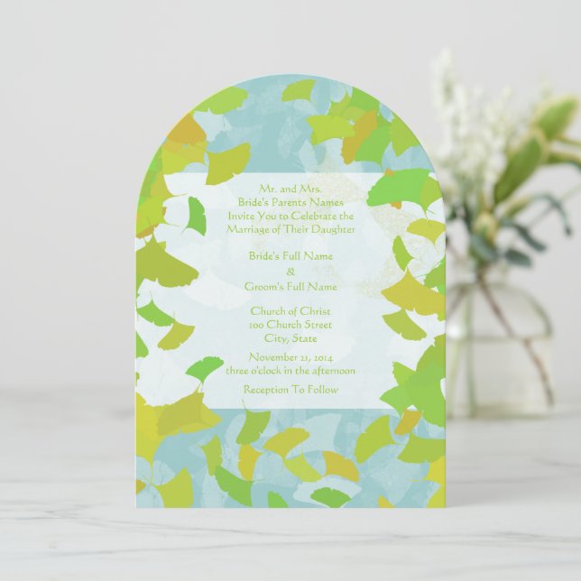 Invitation Mariage Feuille Gold et Green Ginkgo Tree (Debout devant)