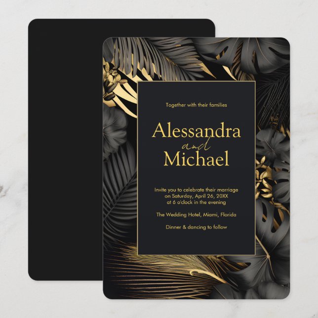 Invitation Mariage Feuille moderne Black Gold Tropical (Devant / Derrière)