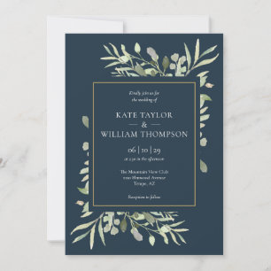 Invitation Mariage Feuille Profond Mer Bleu Et Or Verdure