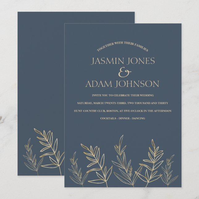 Invitation Mariage Feuille Royal Blue Opulence Gold (Devant / Derrière)