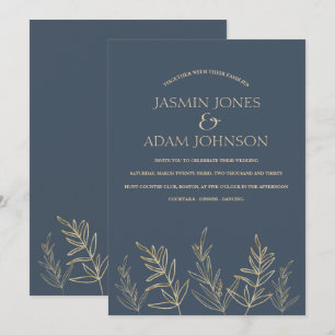 Invitation Mariage Feuille Royal Blue Opulence Gold
