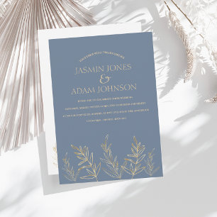 Invitation Mariage Feuille simple Dusty Blue et Gold
