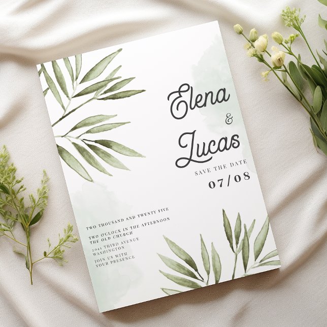 Invitation Mariage feuille  vert forêt (Forest green tropical watercolor leaves wedding)