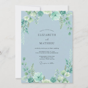 Invitation Mariage Feuilles Bleu Poudre d'Acier