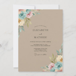 Invitation Mariage Feuilles Cyan Sableux