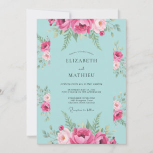 Invitation Mariage Feuillu Aqua Magenta
