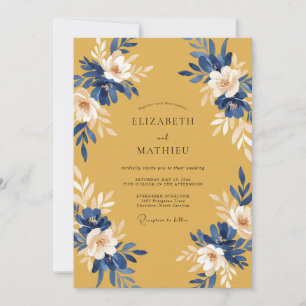 Invitation Mariage Feuillu Jaune Moutarde Cobalt