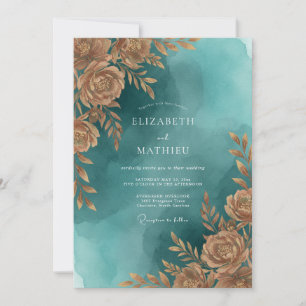 Invitation Mariage Feuillu Turquoise Cuivre