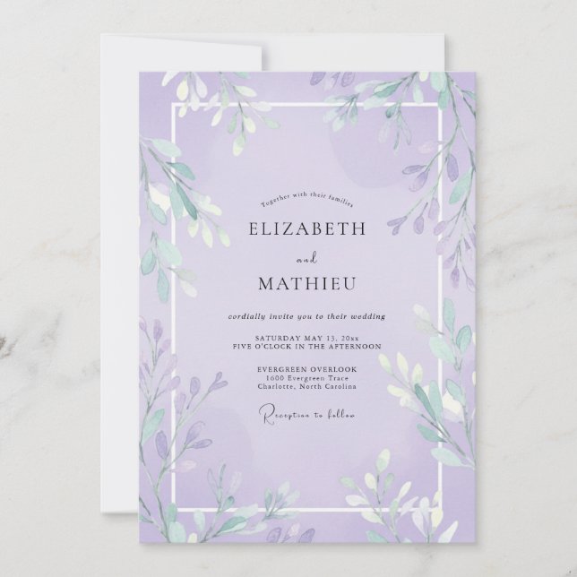 Invitation Mariage Feuillu Violet Doux (Devant)