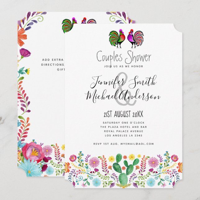Invitation Mariage Fiesta Art Populaire Fleurs (Devant / Derrière)