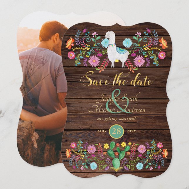 Invitation Mariage Fiesta Enregistrer La Date Llama Fleurs Fo (Devant / Derrière)