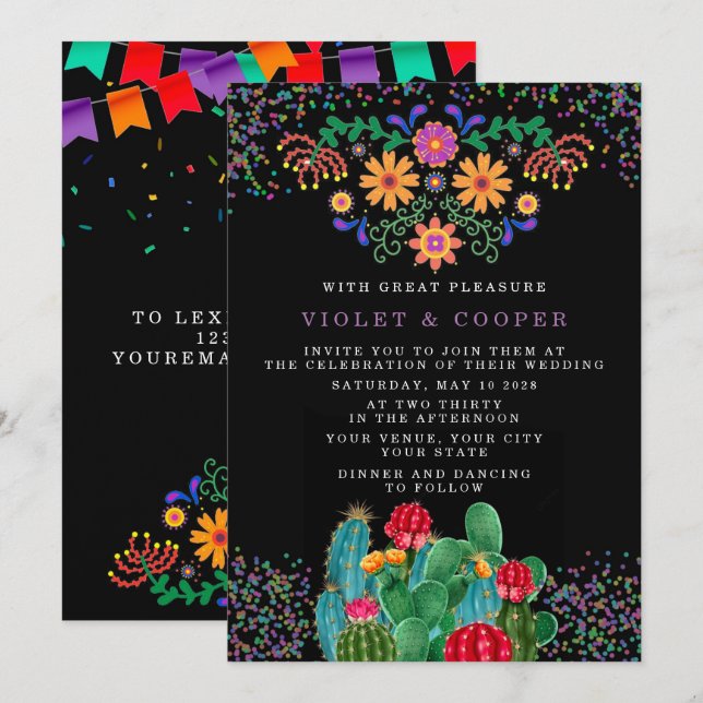 Invitation Mariage Fiesta Floral mexicain Cactus (Devant / Derrière)