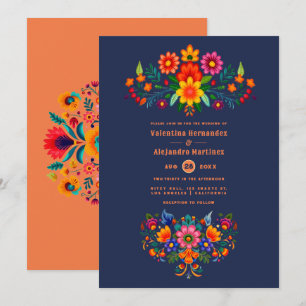 Invitation Mariage Fiesta Folk Art Bleu de minuit & Papaya