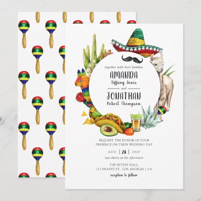 Invitation Mariage Fiesta mexicain aquarelle (Devant / Derrière)